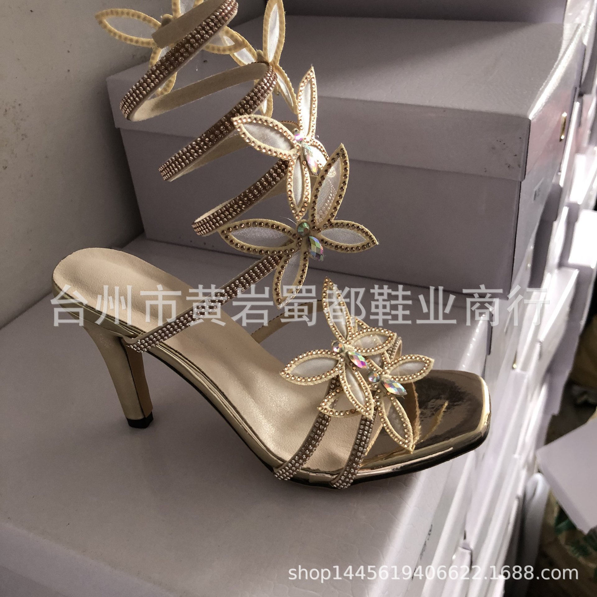 Spring and Summer One-Strap Snake-Shaped Winding Open-Toe Rhinestone Sparkling Bow Stiletto Ultra-High Heel Sexy Sandals for Women