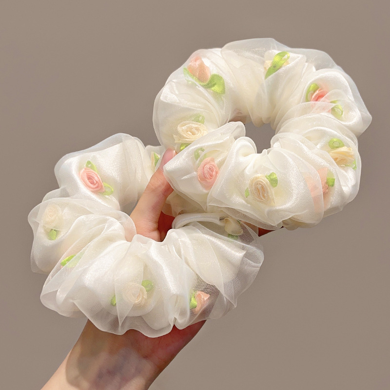 new spring and summer net yarn flowers large intestine hair ring sweet beauty head rope girl ponytail rubber band hair accessories wholesale