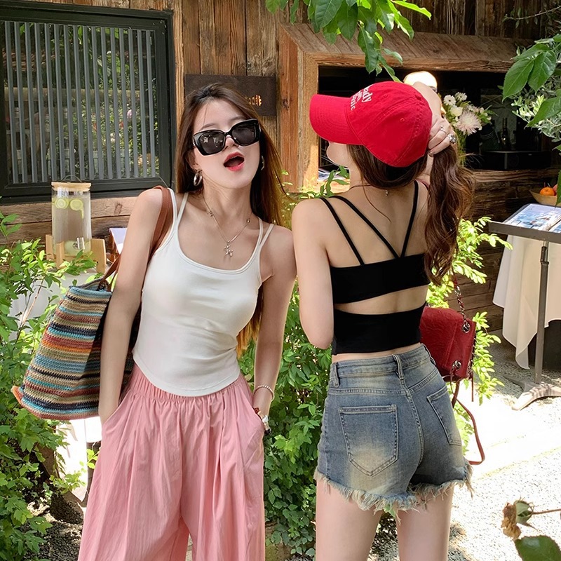 Backless Slim Fit Summer Cami Top with Built-in Bra