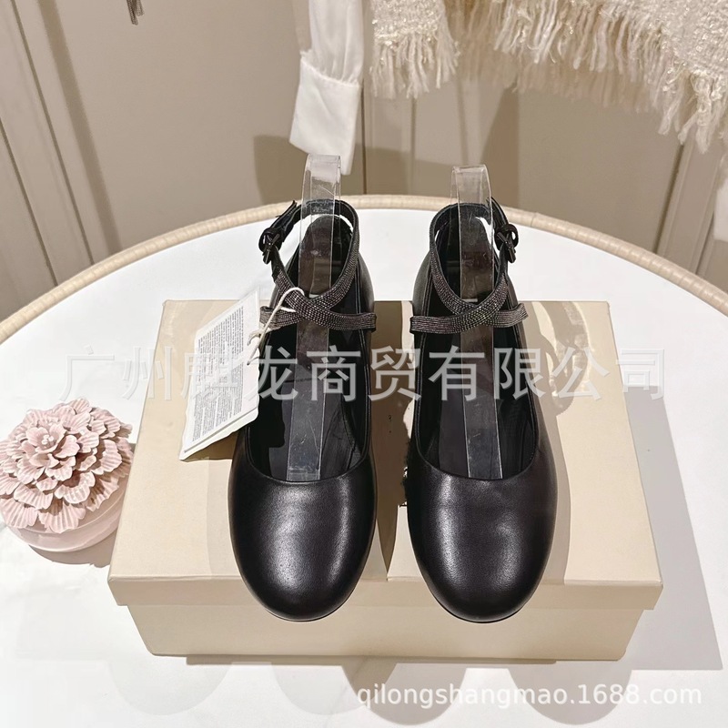高端品质2025新款真皮圆头浅口平底手工串珠脚腕扣带芭蕾舞鞋单鞋|undefined