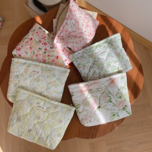 [Suxi cloth bag] Fresh pink green flower quilted quilted cotton cosmetic bag clutch Women's storage cotton bag thickened soft