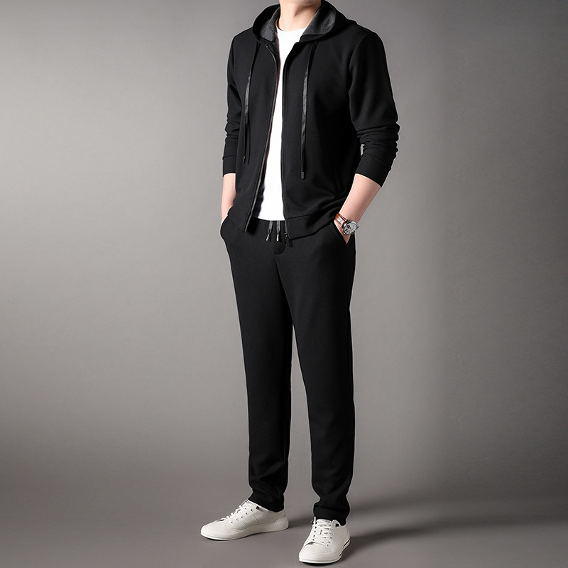 Hooded cardigan sweater suit men's round neck spring and autumn new mulberry silk top young and middle-aged long sleeve T-shirt set