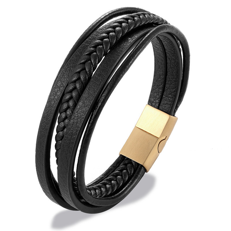 Multi-layer woven leather stainless steel magnet buckle bracelet genuine leather vintage handmade custom hot selling titanium steel bracelet