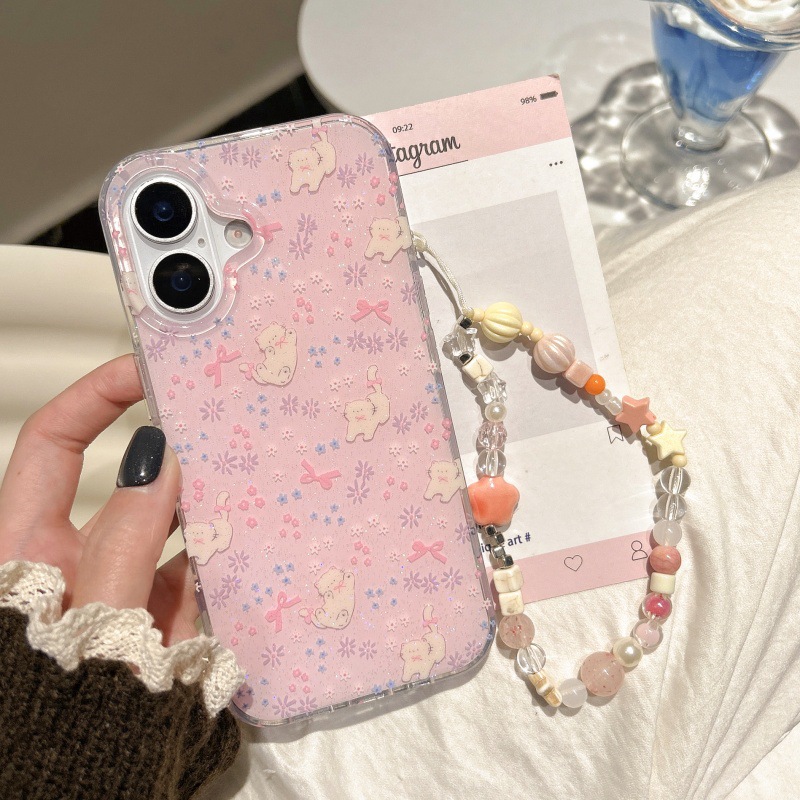 Divertido gato con lazo rosa de dibujos animados para Apple 16proMax funda para teléfono móvil 15Pro floral 14/13 mujer