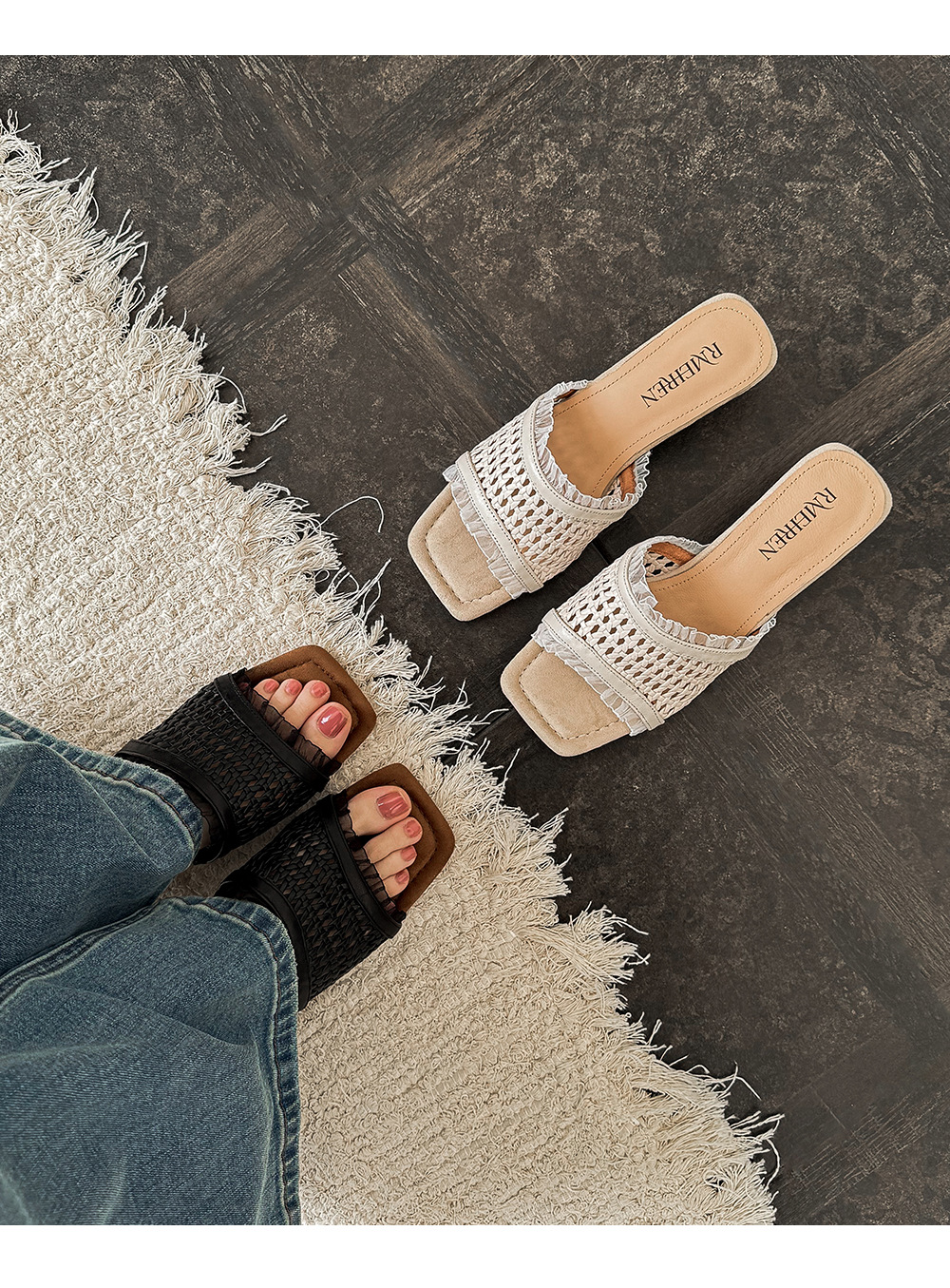 Sandal cao gót nữ quai ngang đan móc hở mũi mũi vuông gót cao — màu đen, màu trắng ngà chi tiết 12