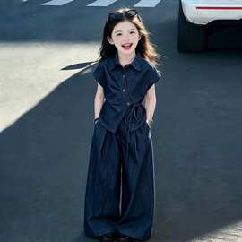 女童牛仔套装夏季2026新款洋气儿童女孩时尚衬衫阔腿裤休闲两件套