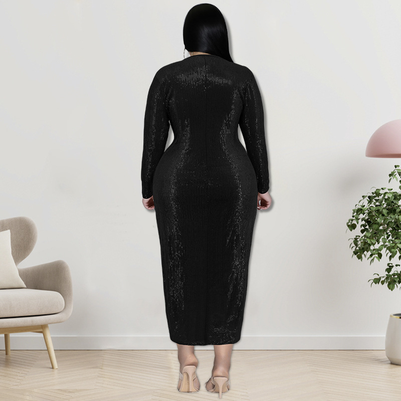 Plus size fluweel bodycon midi jurk met pailletten en v-hals voor dames_voghion.com