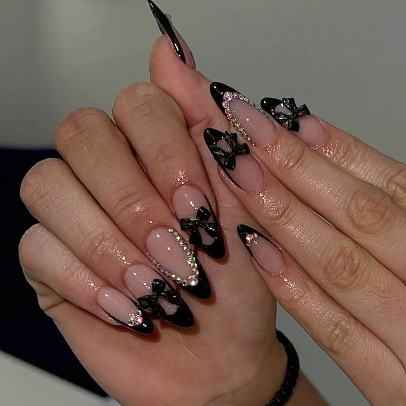 Cross-border wearing nail patch almond black French bow diamond detachable fake nails false nails Cross-border wearing nail patch almond black French bow diamond detachable fake nails false nails