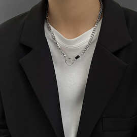 不规则小众设计感黑宝石钛钢几何圆环拼接项链男女同款高级感项饰