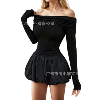 法式纯欲辣妹一字领一字长袖连衣裙新款气质性感修身收腰显瘦短裙