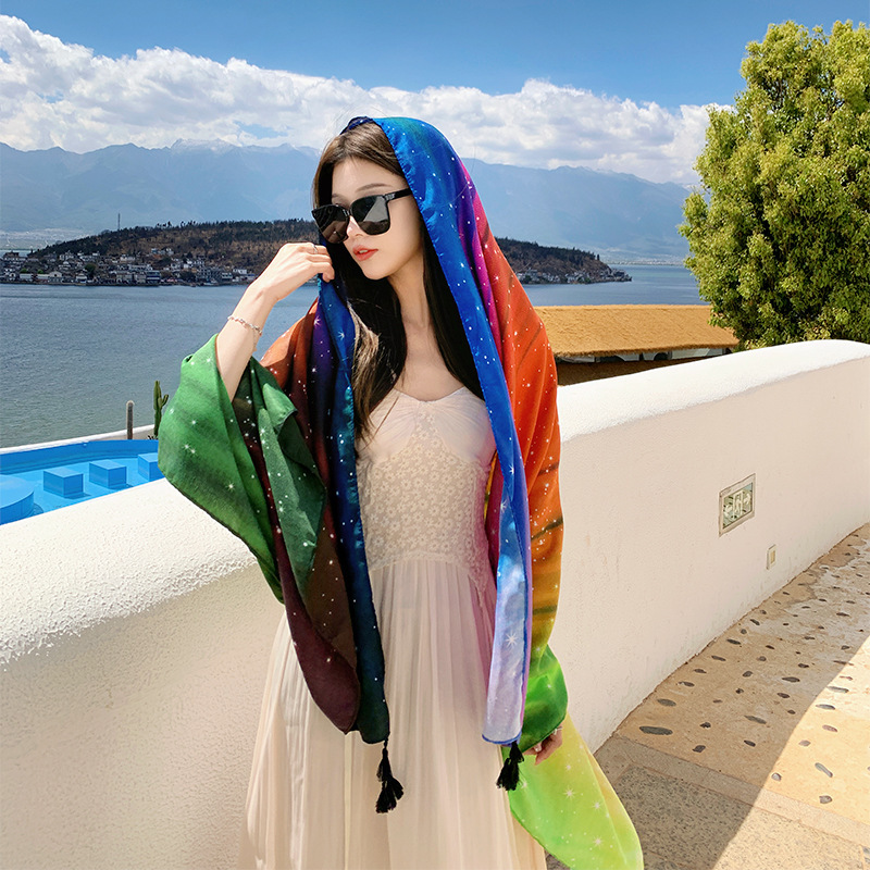 Estilo japonés y coreano gradiente fresco Toalla de playa algodón y lino sensación bufanda de seda viajes al aire libre chal decorativo borla larga bufanda grande