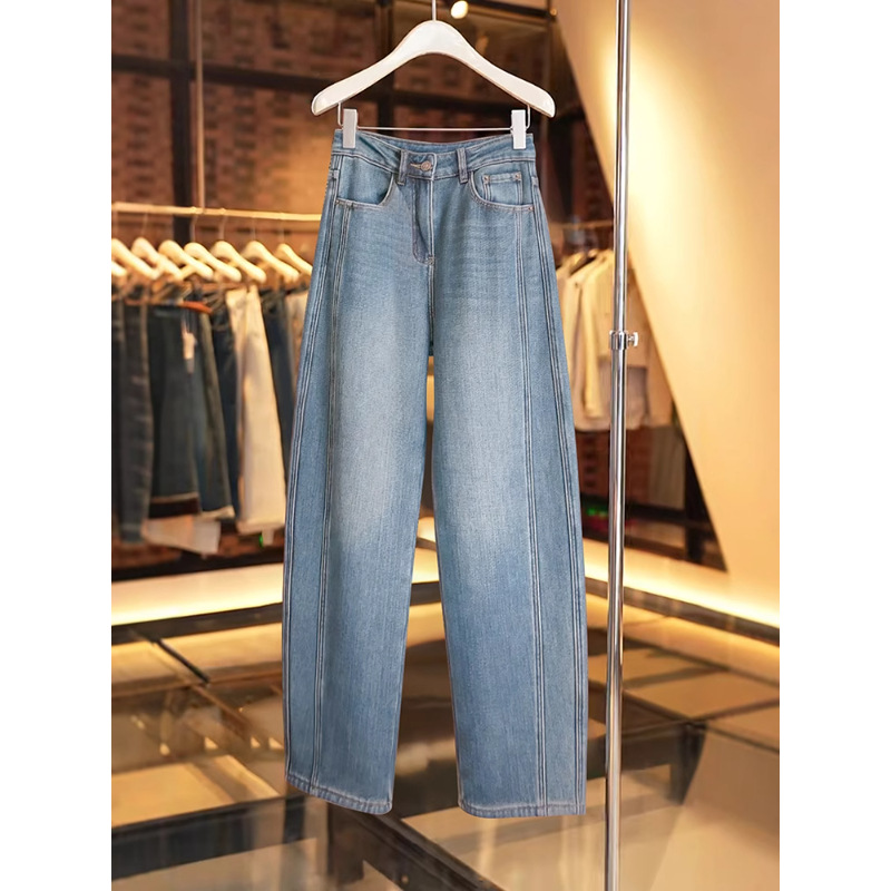 Women's Petite Fleece Lined Curved Blade Jeans New Style Wide Leg Crop Banana Pants Fashionable Autumn Winter Denim_mkmklike.com