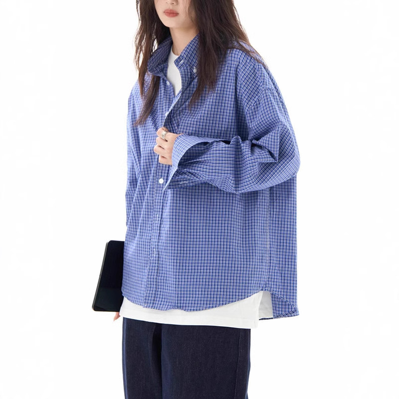 미국 레트로 블루 체크 셔츠 긴팔 남자와 여자의 감각 캐주얼 느슨한 올 매치 커플의 셔츠 재킷 트렌디