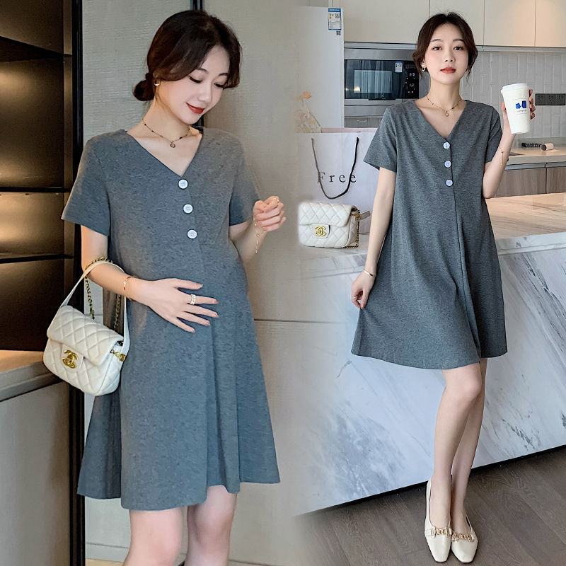 Summer Clothes for Pregnant Women, Fashionable Solid Color Loose Slimming Short-Sleeved Slim Large Size Korean Style Mid-Length Trendy Mom Casual Short Skirt