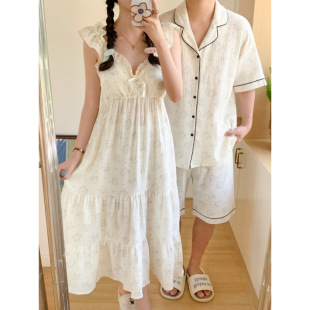 Cross-Border Foreign Trade Women's Couple's Pajamas Suspender Nightgown Women's Summer Retro Palace Style Pajamas with Breast Pad Long Skirt