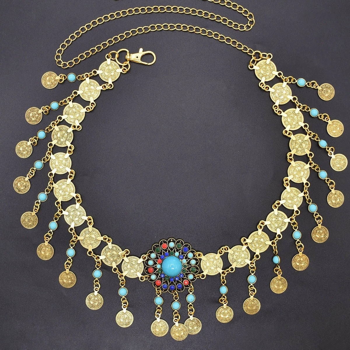 Ethnic fashionable coins with tassels, turquoise retro stone inlay, boho style, ethnic style
