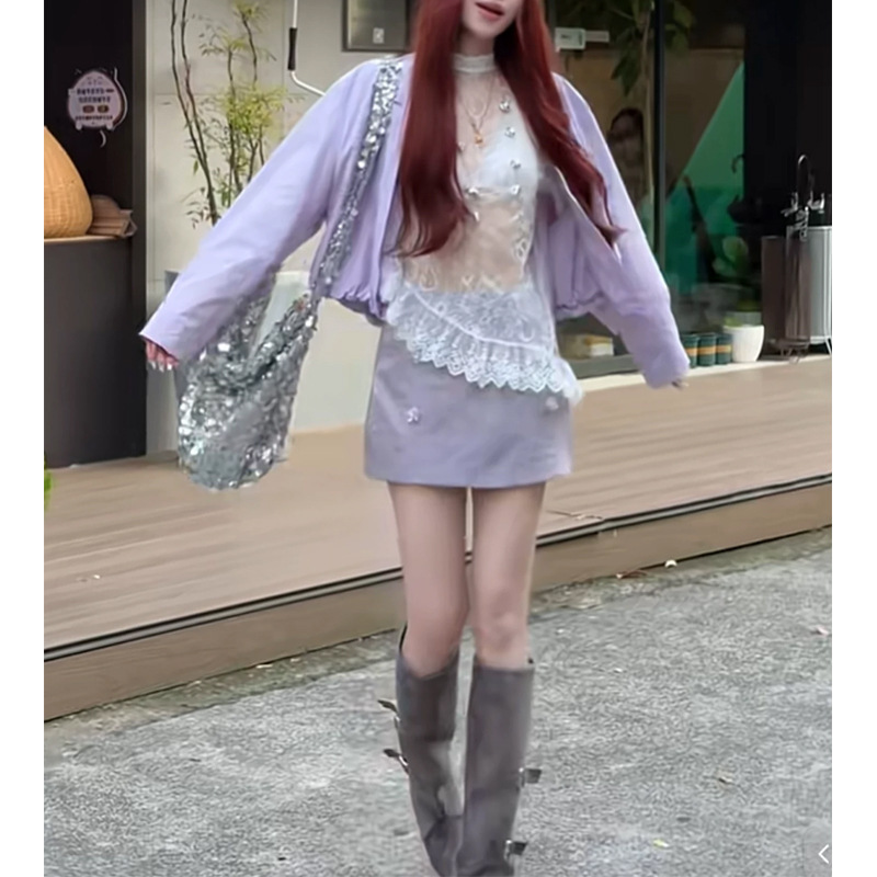 Aesthetic top student's self-made three-piece set for women: faux two-piece shirt jacket, lace trim top, and sequined satin short skirt