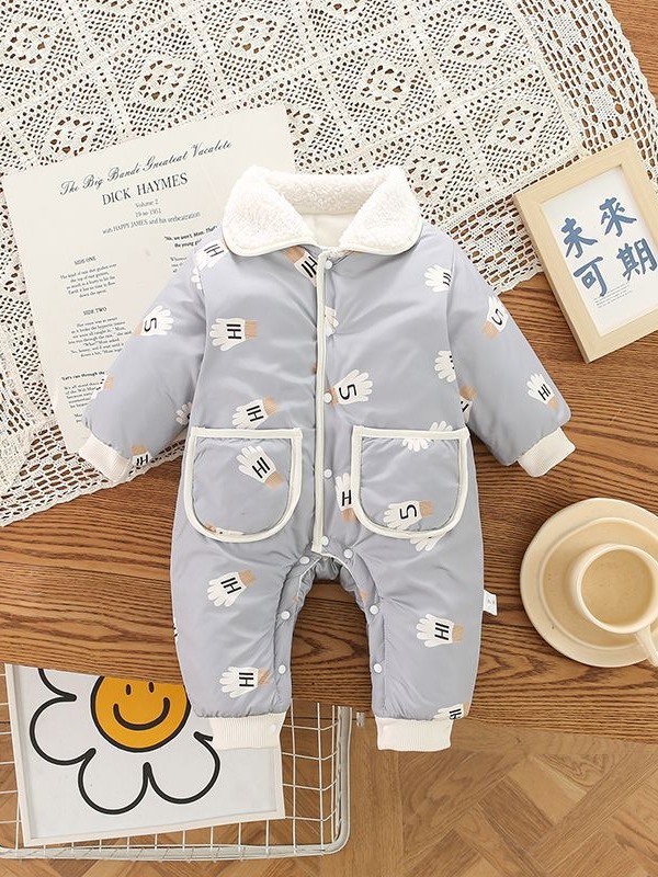 Bebé Invierno nueva ropa de algodón acolchado hombres y mujeres bebé forrado de lana acolchado mono engrosado guantes calientes impresos mameluco acolchado de algodón
