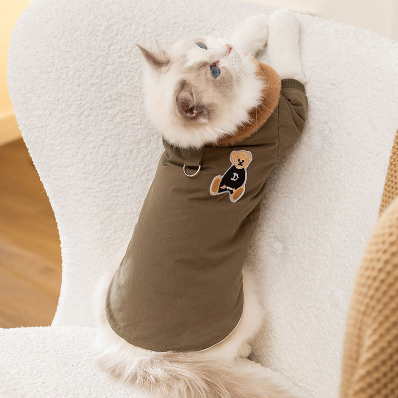 Autumn and Winter pet jacket thickened warm cat bear embroidered lapel cotton-padded coat dog traction cat clothes Autumn and Winter pet jacket thickened warm cat bear embroidered lapel cotton-padded coat dog traction cat clothes