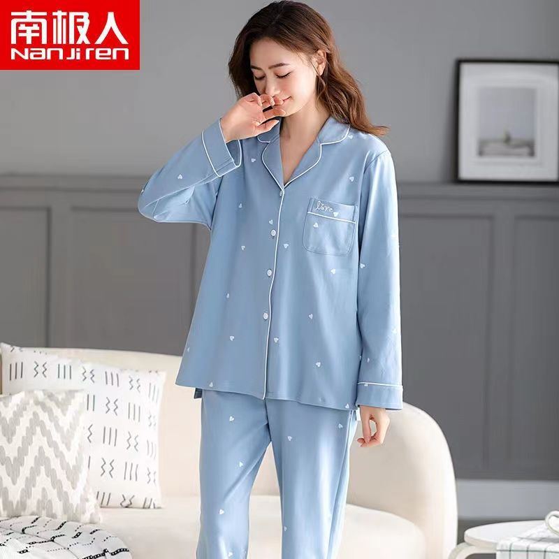 Pijamas de algodón para mujer primavera y otoño Rebeca de algodón suelta Otoño e Invierno solapa pequeña traje de desgaste casual para el hogar