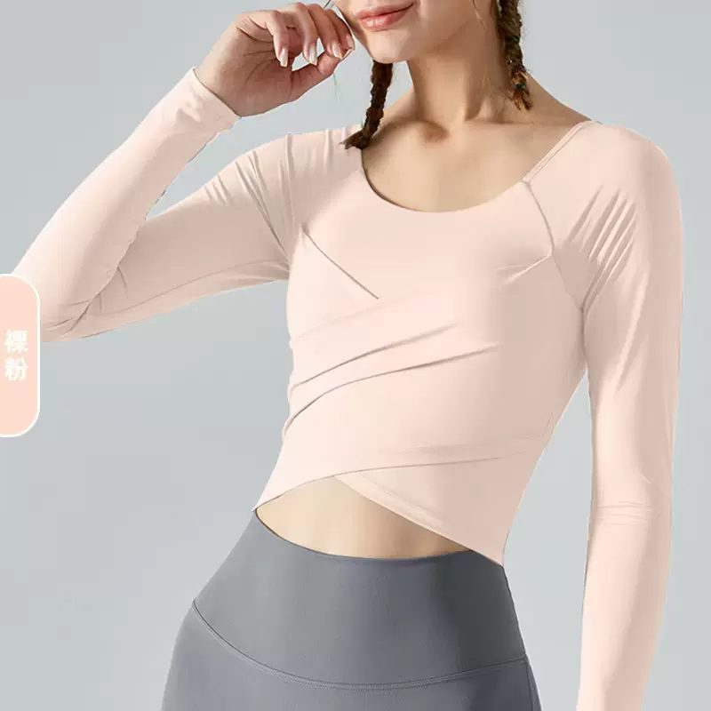 跨境瑜伽服长袖带胸垫秋冬款修身显瘦收腰运动上衣普拉提健身服女