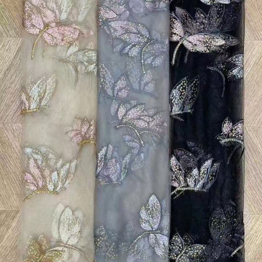双色蝴蝶花网纱绣花布 现货批发女童连衣裙diy网纱蕾丝刺绣面料