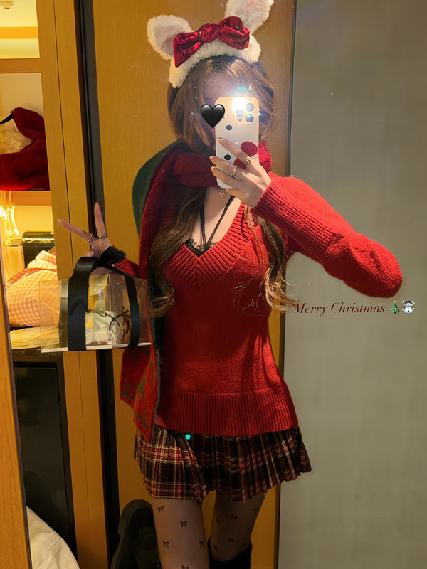 白水女 高智感姐姐 V领毛针织衫女薄款毛衣百褶裙韩系套装上衣|undefined