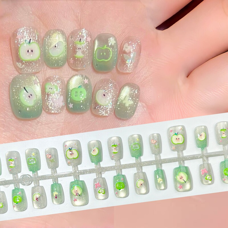 Childlike Green Dopamine Cute Nails Cartoon Green Apple Fresh New Style Short t Crushed Ice Cat Eye