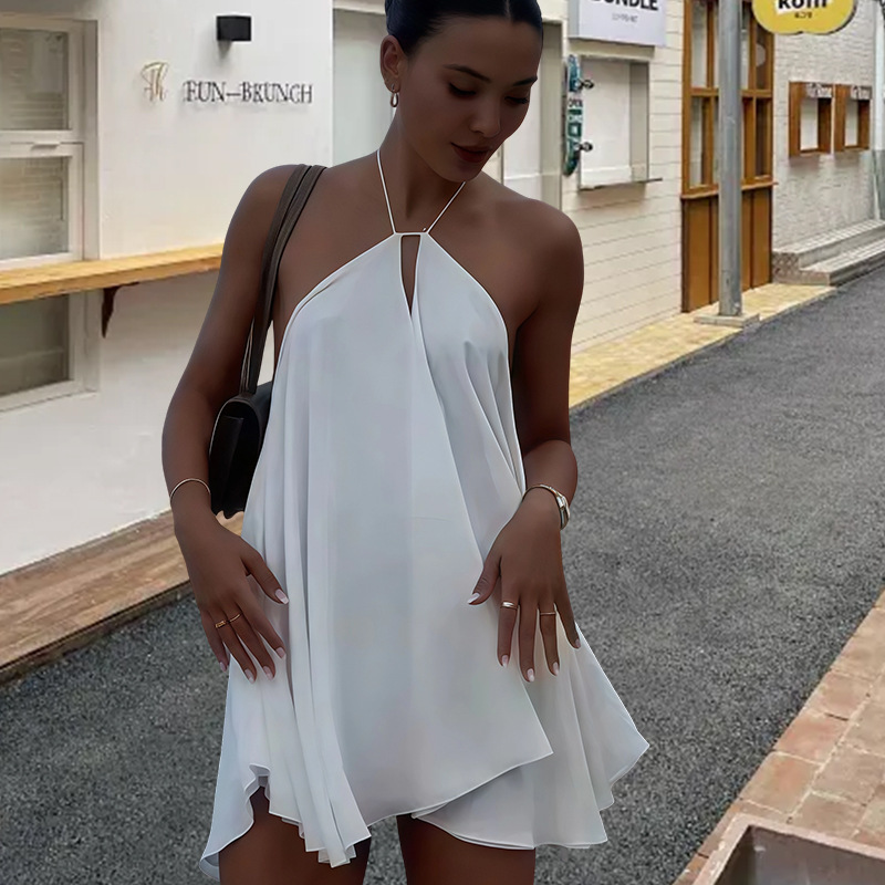 Women's Sexy Deep V Neck Backless Halter Neck Loose A-Line Dress European American Style 2025 Cross Strap Dress_ecoleips.com