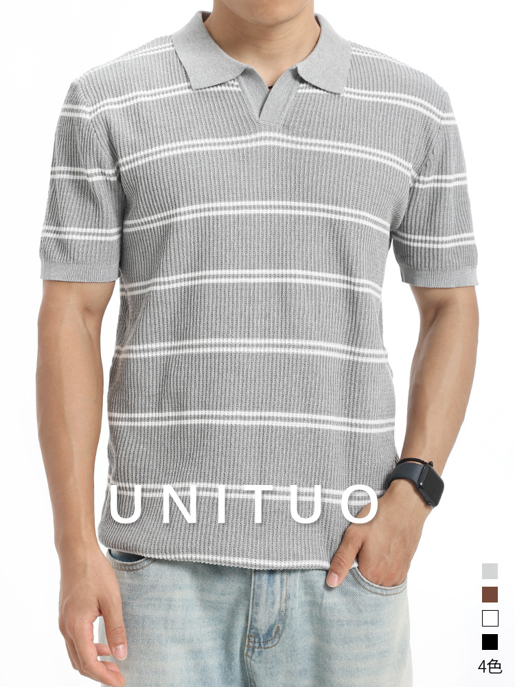 Europa y los Estados Unidos transfronterizos de verano hombre con solapa rayada hielo polo camiseta de negocios casual alta sensación de mangas cortas prendas de punto para hombres