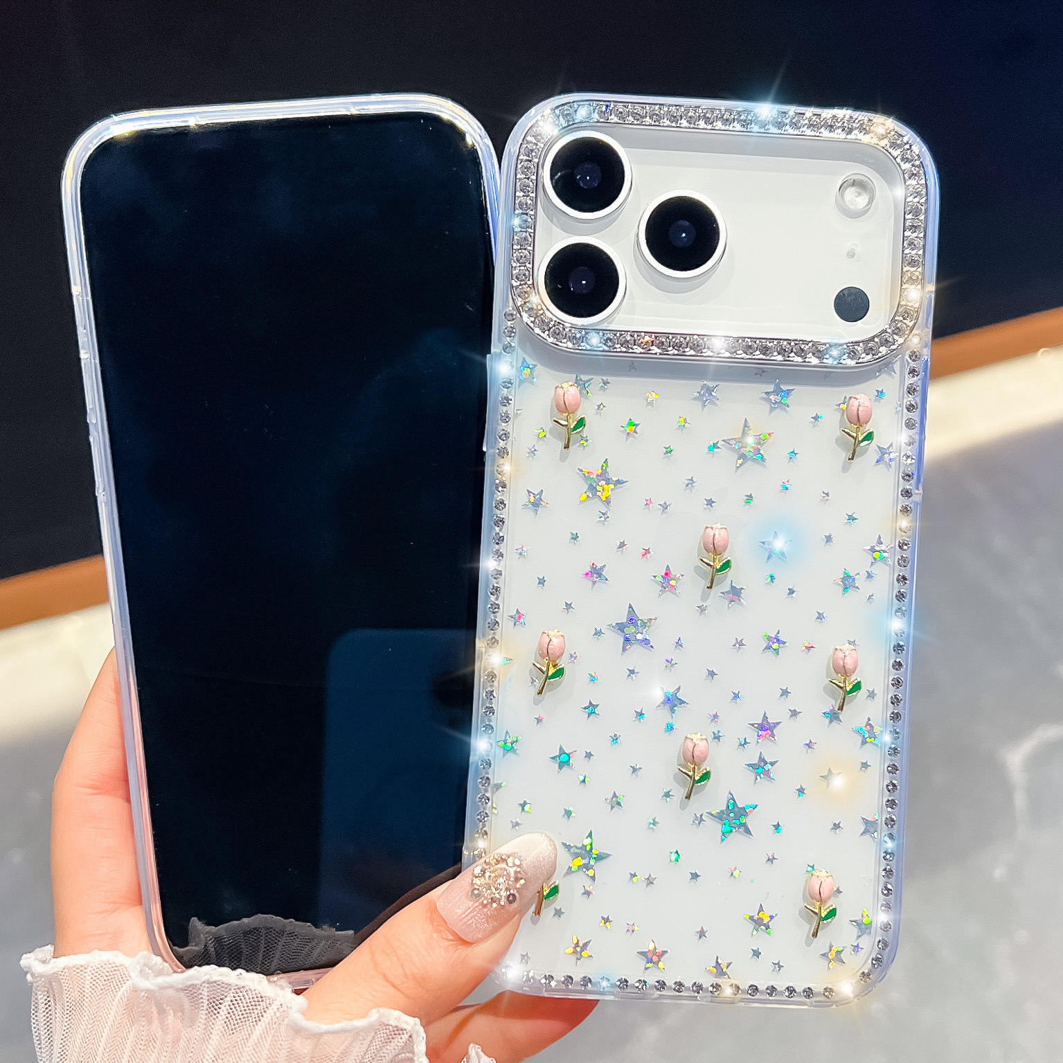 花朵闪钻新款适用苹果17promax手机壳iphone16防摔奢华闪粉保护套