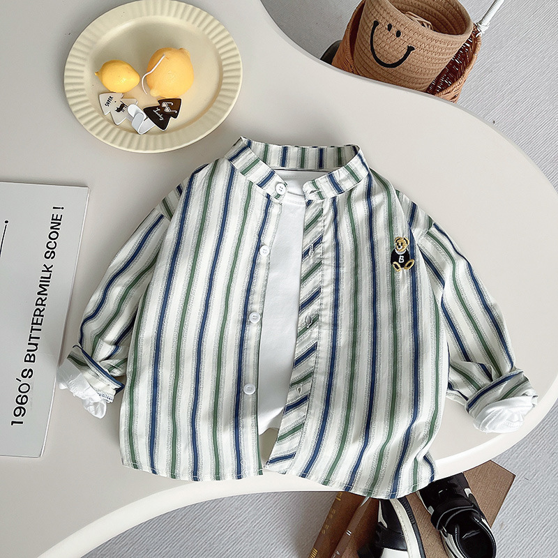 Camisa fina de primavera y verano para niños Camisa de dibujos animados de manga larga para bebé a rayas coreanas Camisa de primavera y otoño para niños