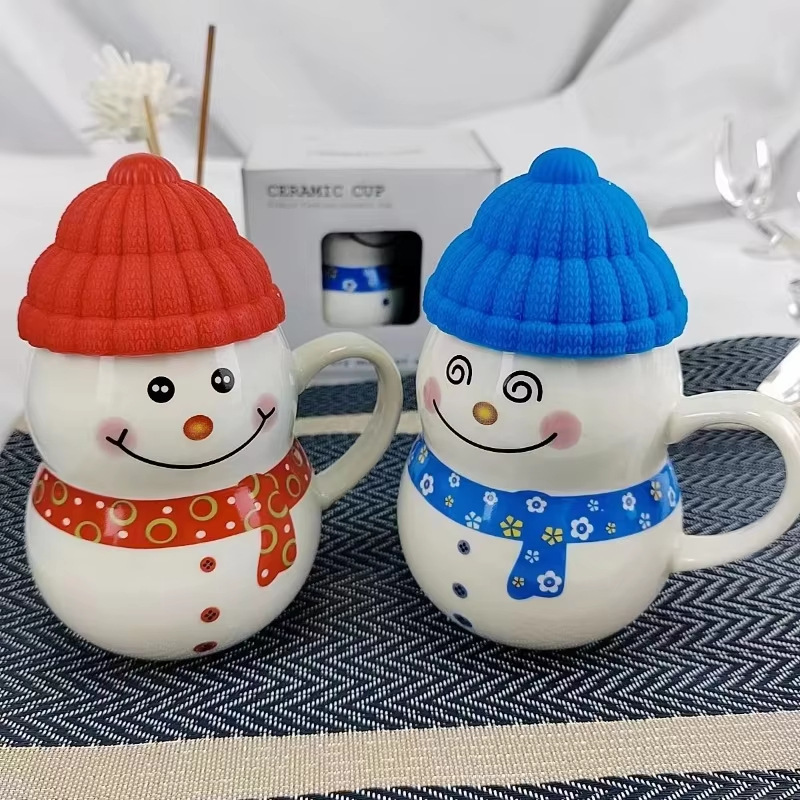 Navidad muñeco de nieve taza de cerámica encantadora con sombrero Qin Sheng taza de agua de cerámica taza de regalo de vacaciones cubiertos diarios