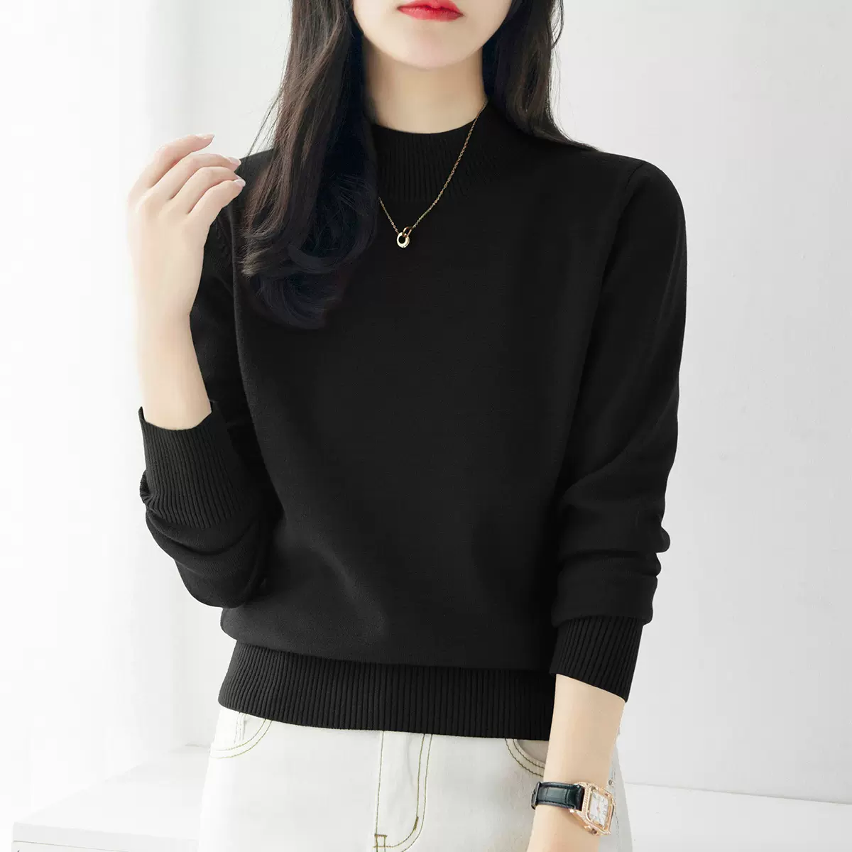 长袖针织衫女春季新款宽松气质厚款内搭打底上衣半高领毛衣