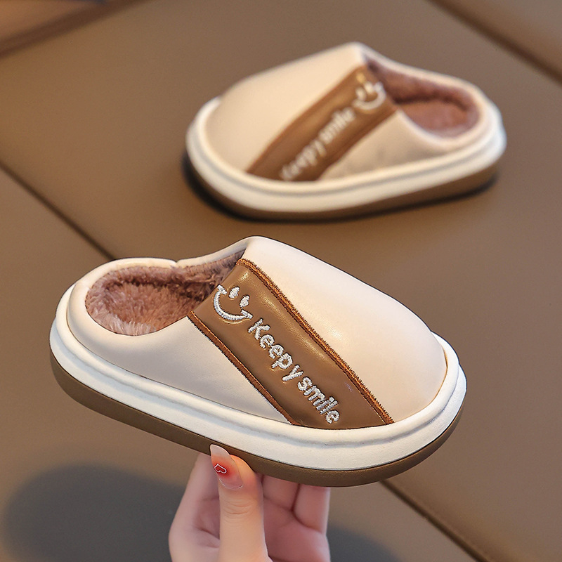 儿童棉拖鞋男童冬季新款pu皮面防水防滑居家外穿中大童保暖拖鞋