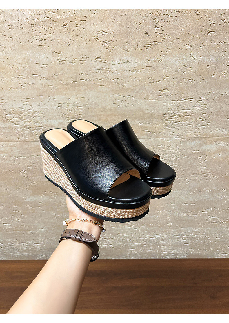 Sandal cao gót nữ mũi hở đế xuồng bọc cói phong cách La Mã — màu đen, màu trắng ngà chi tiết 15