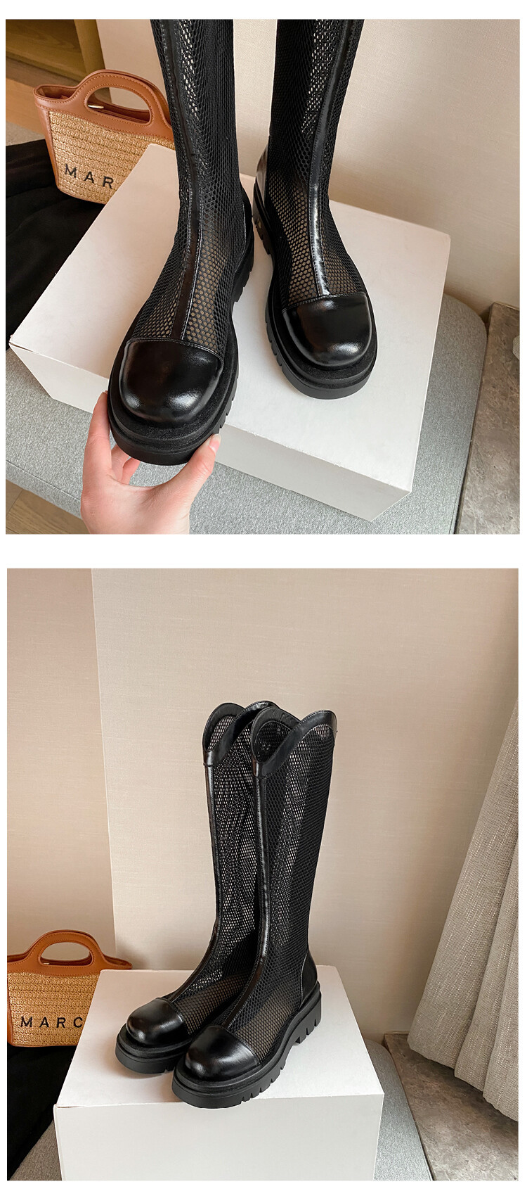 Boot nữ da lưới thoáng khí mùa hè, đế dày rỗng, ống rộng cho chân to — Màu nâu ống lớn, Màu đen cổ ống lớn, Ống nhỏ màu đen, Ống nhỏ màu be chi tiết 61