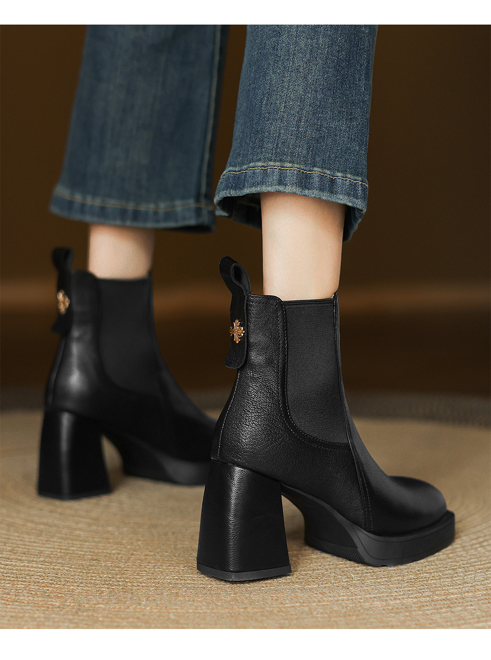 Boot Chelsea cổ ngắn mũi vuông da dê mềm, gót dày platform, phong cách cổ điển, dáng slip-on thu đông — nhung đen, Nhung nâu, Lớp lót đơn màu đen, Lớp lót đơn màu nâu chi tiết 8