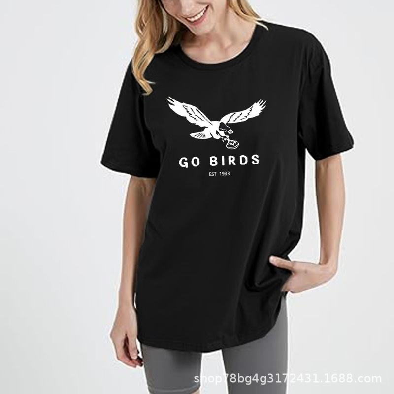 ヨーロッパとアメリカの女性の Tシャツ新しいルーズクロスボーダーファッション快適なレディースラウンドネック GO BIRDS プリント Tシャツ|undefined
