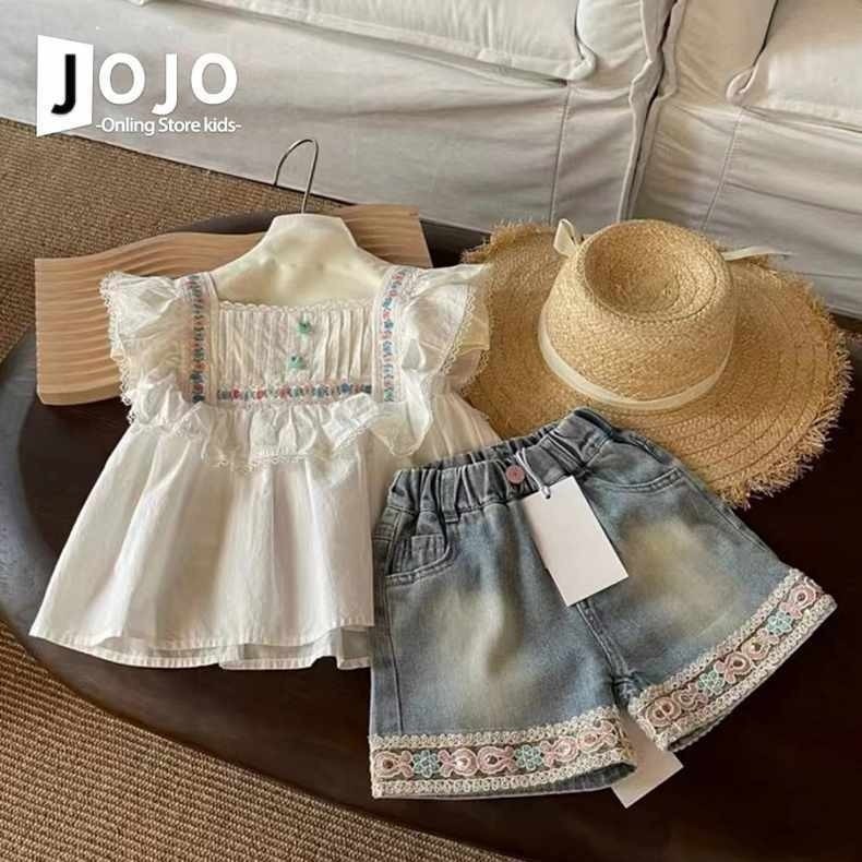 Girls Short-Sleeved Shirt 24 Summer Style Kidsren's Small Flying Sleeves White Vest Retro Lace Jeans Baby Shirt