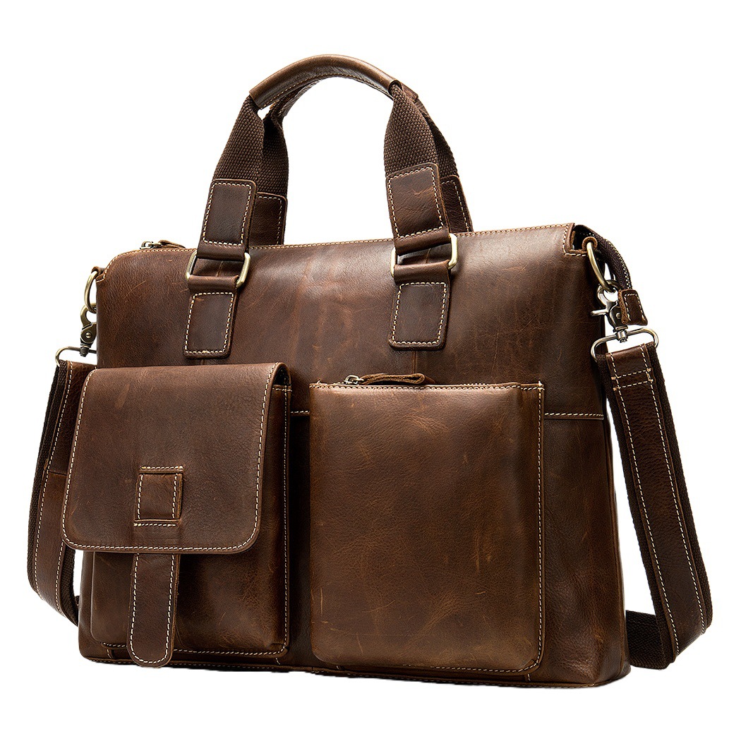 Amazon hombres maletín de cuero vintage primera capa de piel de vaca bolso de hombro de negocios de 14 pulgadas bolso de la computadora al por mayor