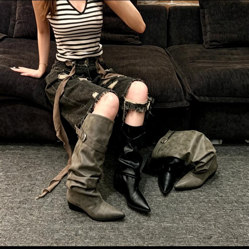 2026 Women's Boots Spring and Autumn Vintage Pointed Toe Fashion Stacked Cuff Boots Elegant Black British Style New Boots 2026 Women's Boots Spring and Autumn Vintage Pointed Toe Fashion Stacked Cuff Boots Elegant Black British Style New Boots