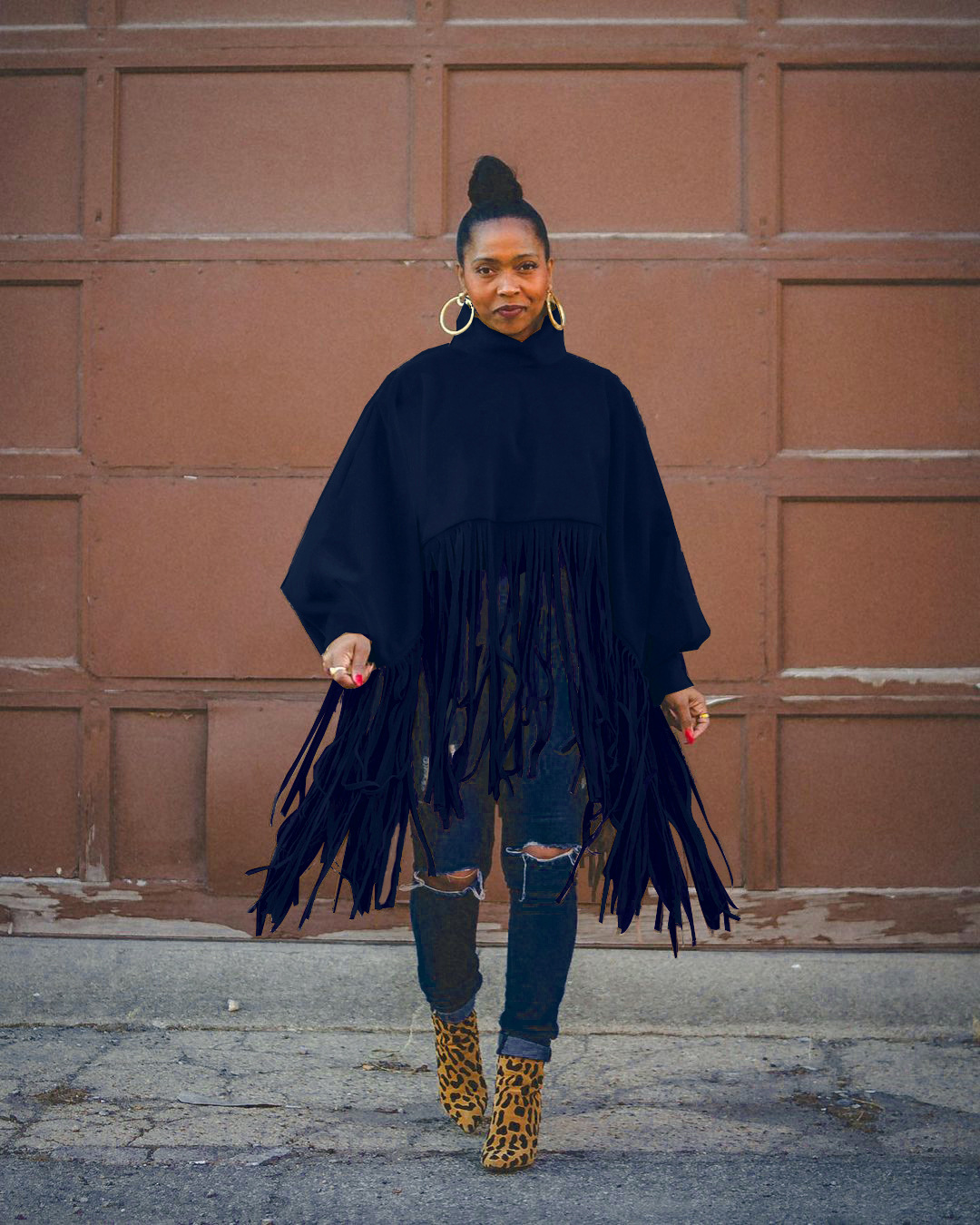 Women's fashion solid color long sleeve fringe top_voghion.com