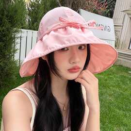 夏季新款系带大檐渔夫帽纯色简约百搭防晒薄款遮阳帽女显脸小盆帽
