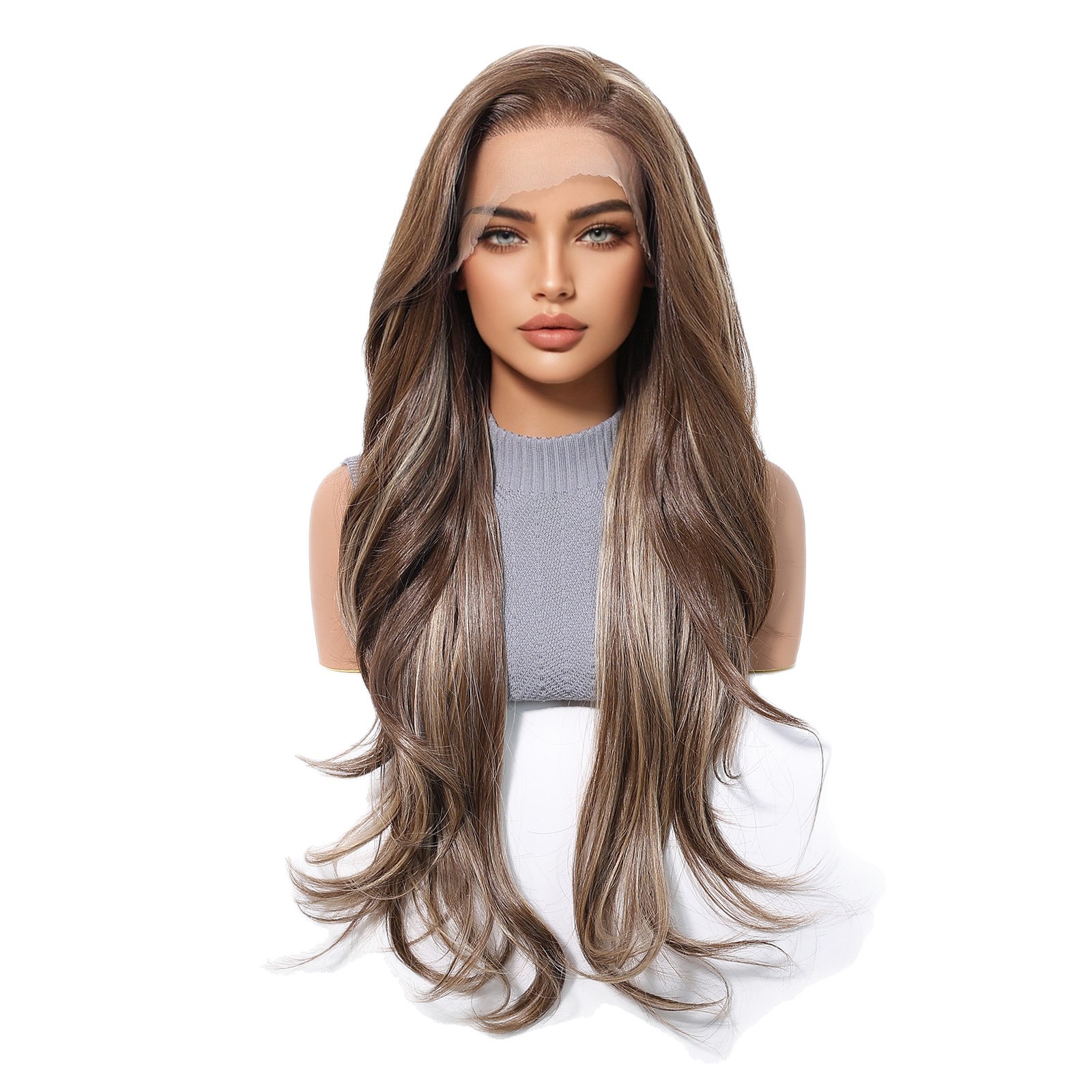 Punto transfronterizo 13 × 6 encaje de área grande a voluntad, cosido, cabello largo y rizado ligero y transpirable, peluca con casco completo, mujer