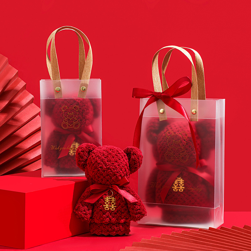 Bear-Shaped Burgundy Towel Bridesmaid Gift Box for Wedding Favors, Suitable for Holding Wedding Candy, Wholesale Gift Box with Double Happiness Character