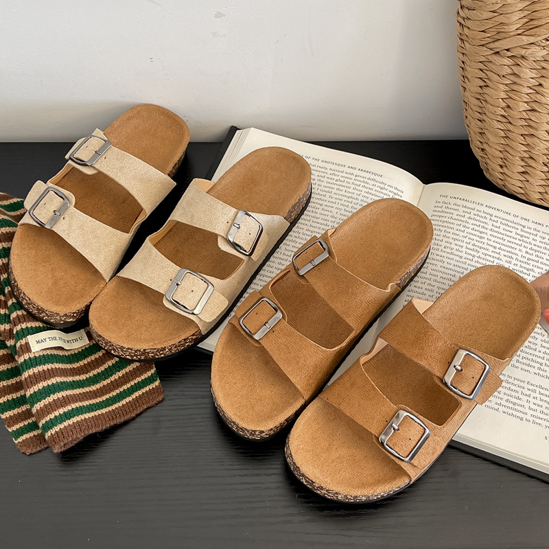 Trendy buckle Birkenstock-style shoes, super popular on Instagram, cork thick-soled slippers for women, summer fashion casual beach outdoor sandals
