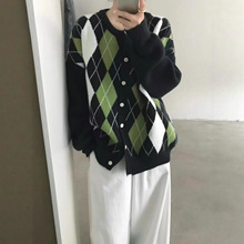 复古针织开衫女上衣秋冬新款宽松慵懒港风撞色菱形加厚毛衣外套