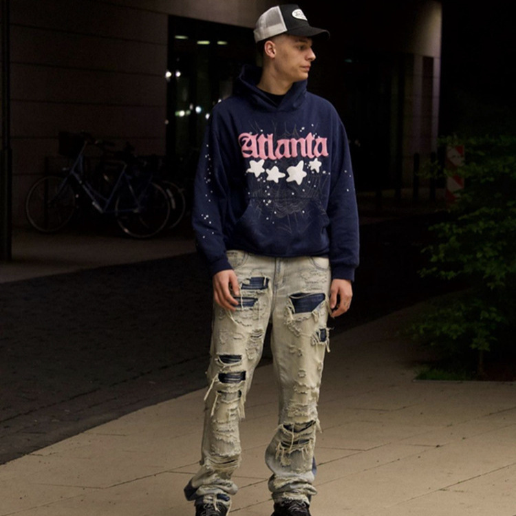 Winter Hip-Hop Hip-Hop Letter Spider Web Foaming Printed Pullover Top Fashion Sports Casual Sweat for Men and Women