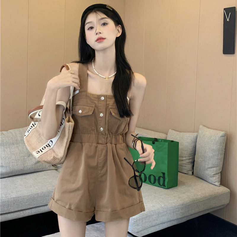 Suspender shorts Denim women's summer 2023 new retro tooling design tight waist slimming curling one-piece suspender pants Suspender shorts Denim women's summer 2023 new retro tooling design tight waist slimming curling one-piece suspender pants